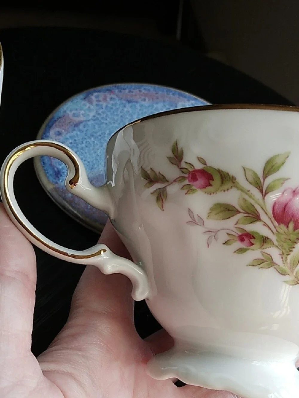 Johann Haviland Vintage White Porcelain Teacups with Pink Rose Motif Gold Trim